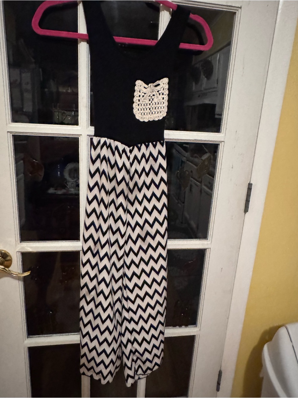 Girls Black and White Chevron One-Piece Jumper with Crochet Accent